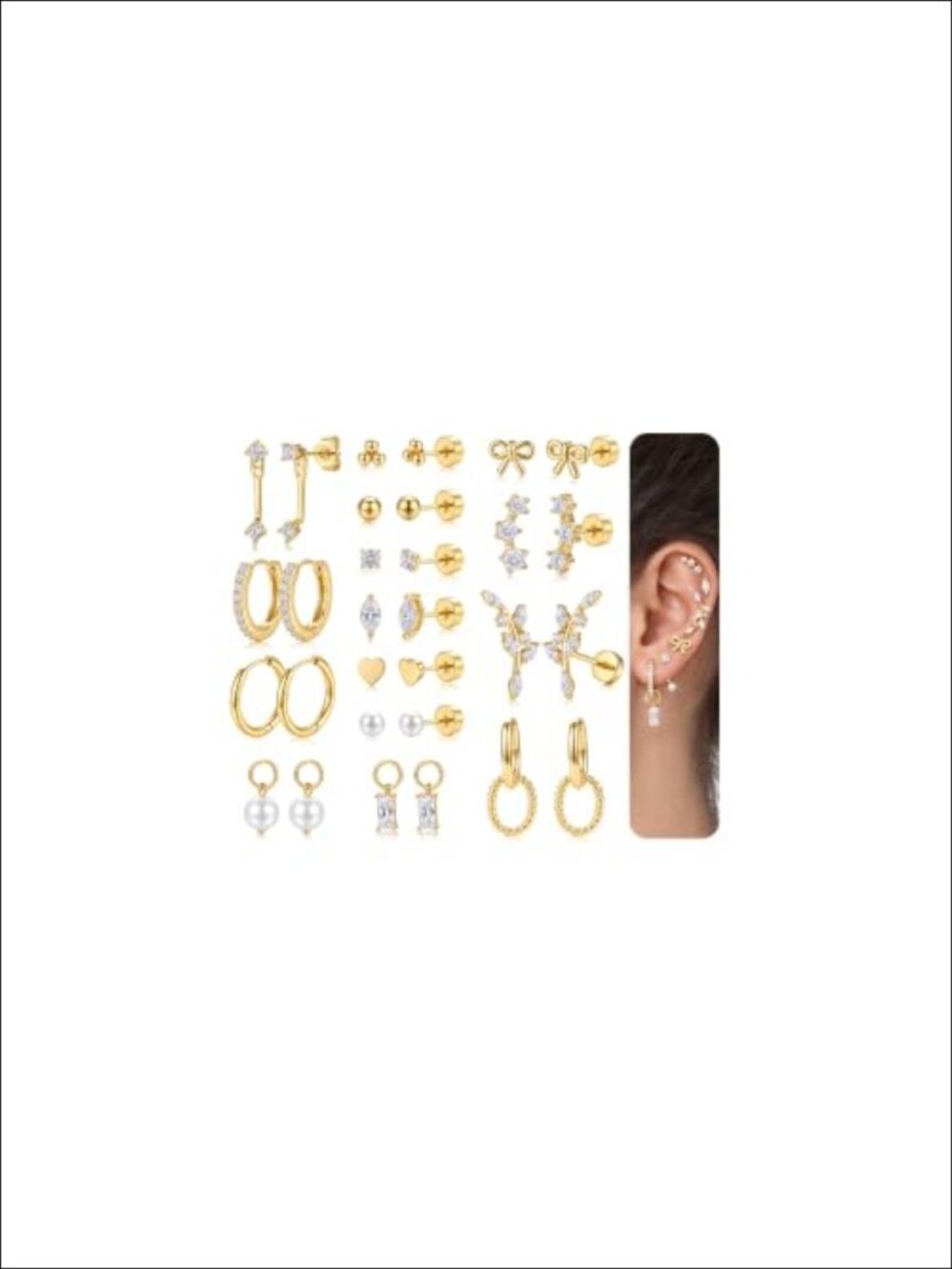 16K Gold Plated Flat Back Stud Earrings Set for Women Cartilage 15 Pairs